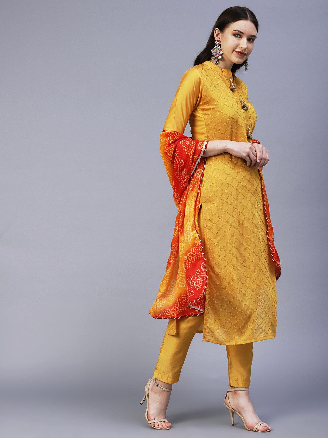 Solid Resham & Sequins Embroidered Kurta With Pants & Bandhani Dupatta - Mustard - Indiakreations