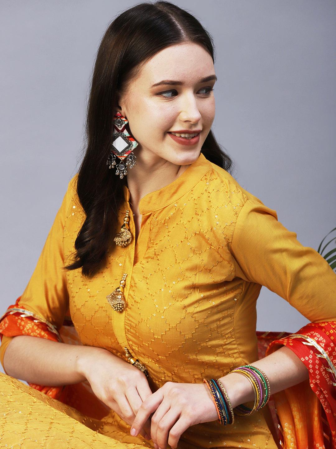 Solid Resham & Sequins Embroidered Kurta With Pants & Bandhani Dupatta - Mustard - Indiakreations