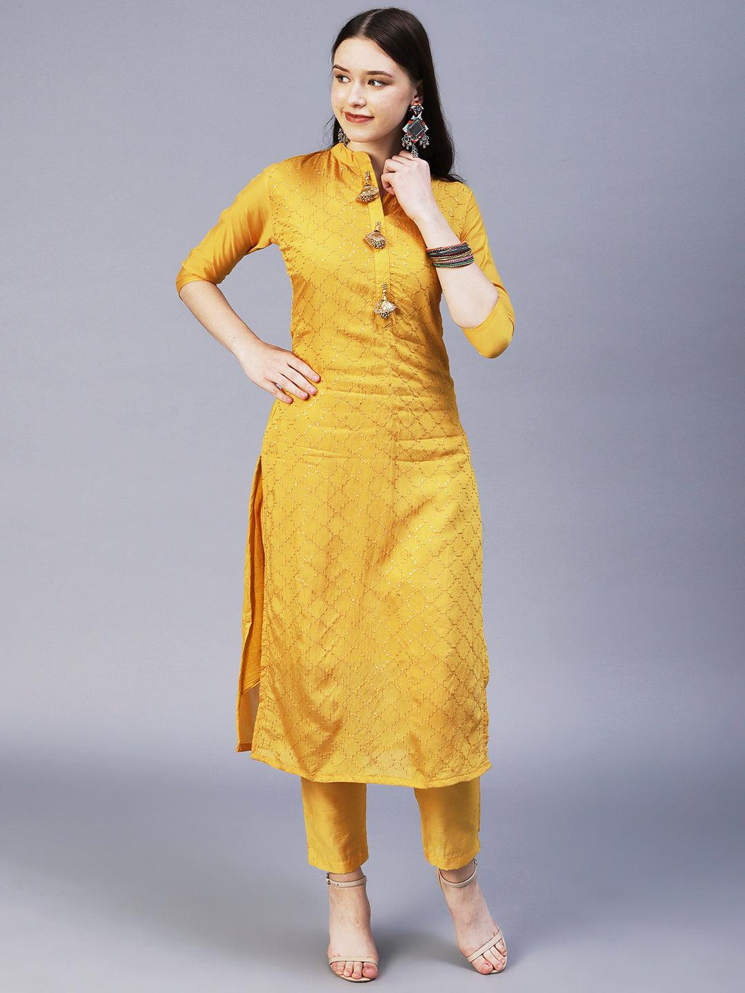 Solid Resham & Sequins Embroidered Kurta With Pants & Bandhani Dupatta - Mustard - Indiakreations