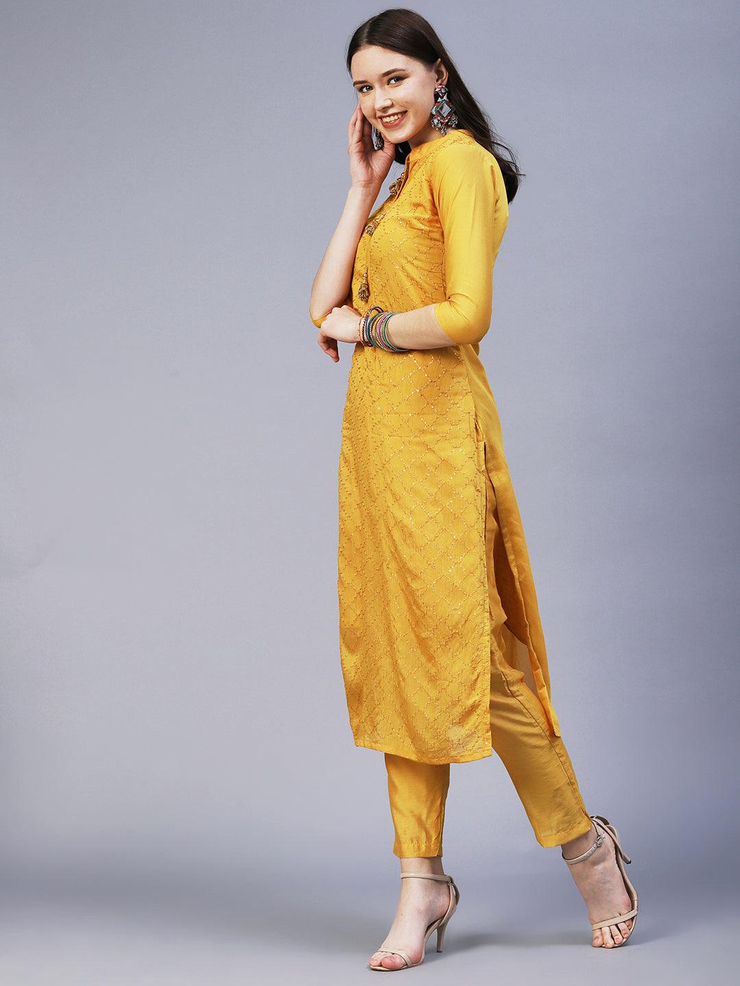 Solid Resham & Sequins Embroidered Kurta With Pants & Bandhani Dupatta - Mustard - Indiakreations