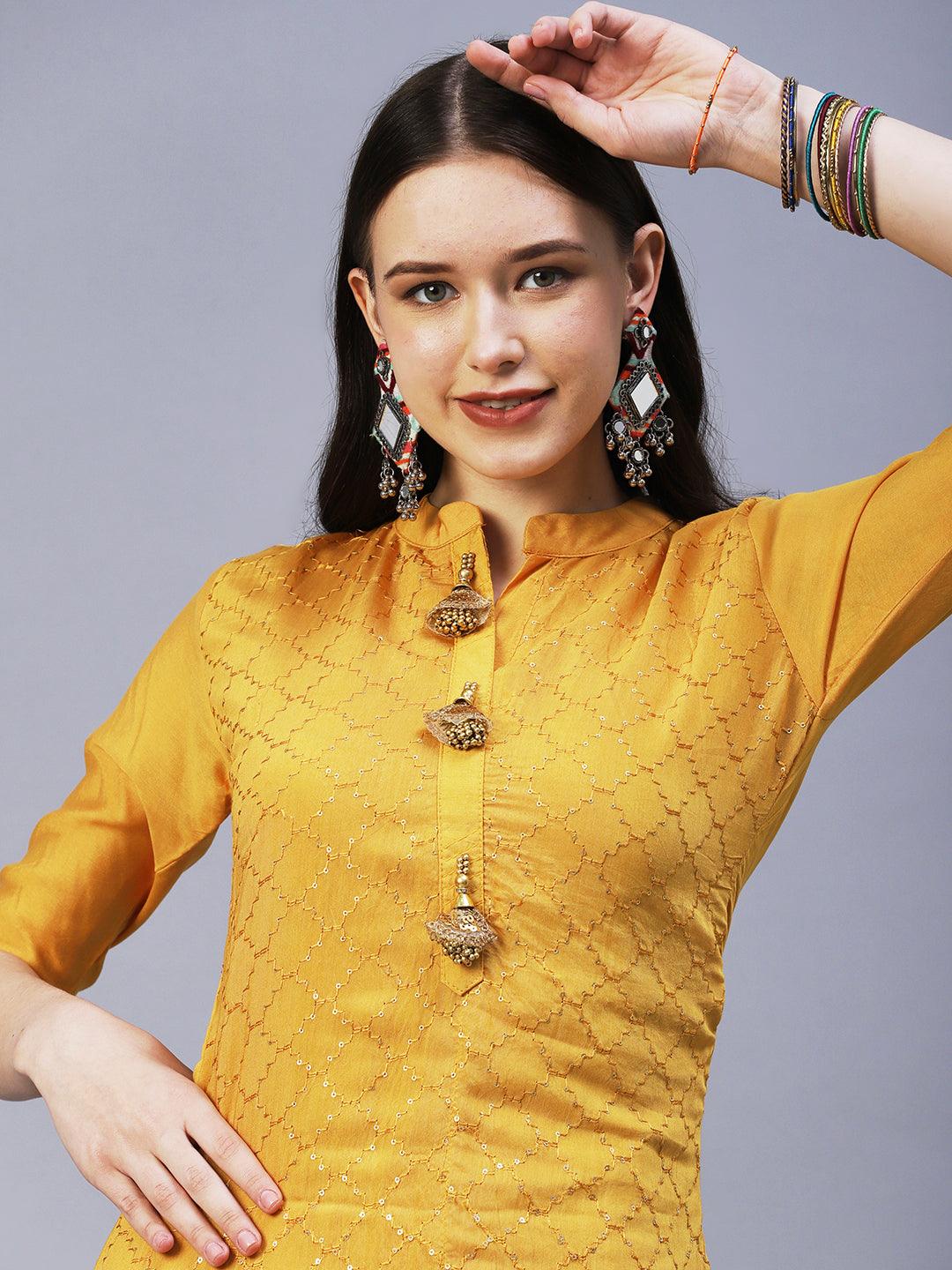 Solid Resham & Sequins Embroidered Kurta With Pants & Bandhani Dupatta - Mustard - Indiakreations