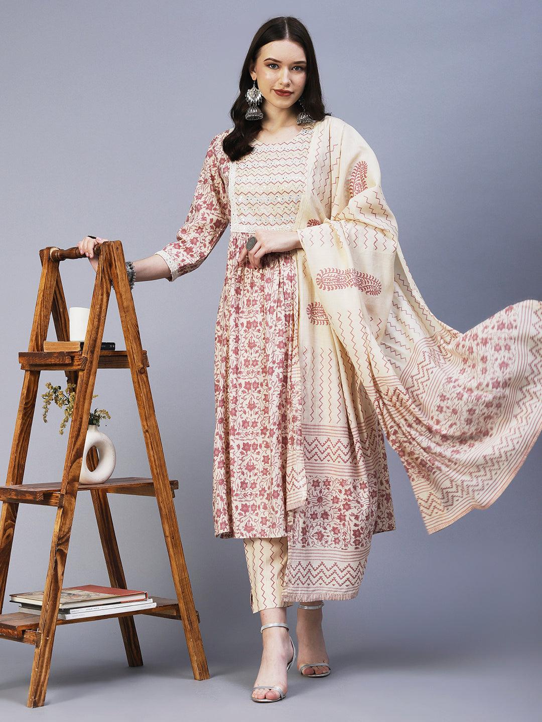 Floral Printed Mirror Embroidered High Slit Kurta With Pants & Dupatta - Cream - Indiakreations