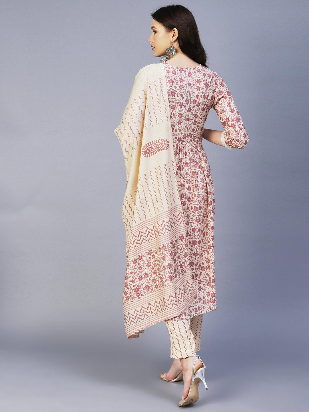 Floral Printed Mirror Embroidered High Slit Kurta With Pants & Dupatta - Cream - Indiakreations