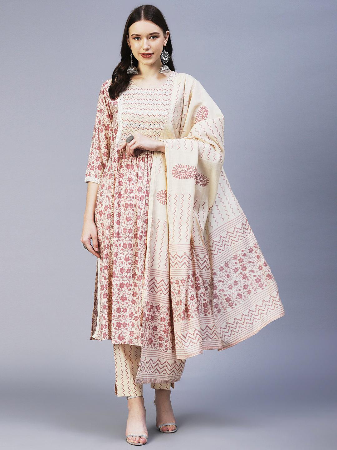 Floral Printed Mirror Embroidered High Slit Kurta With Pants & Dupatta - Cream - Indiakreations