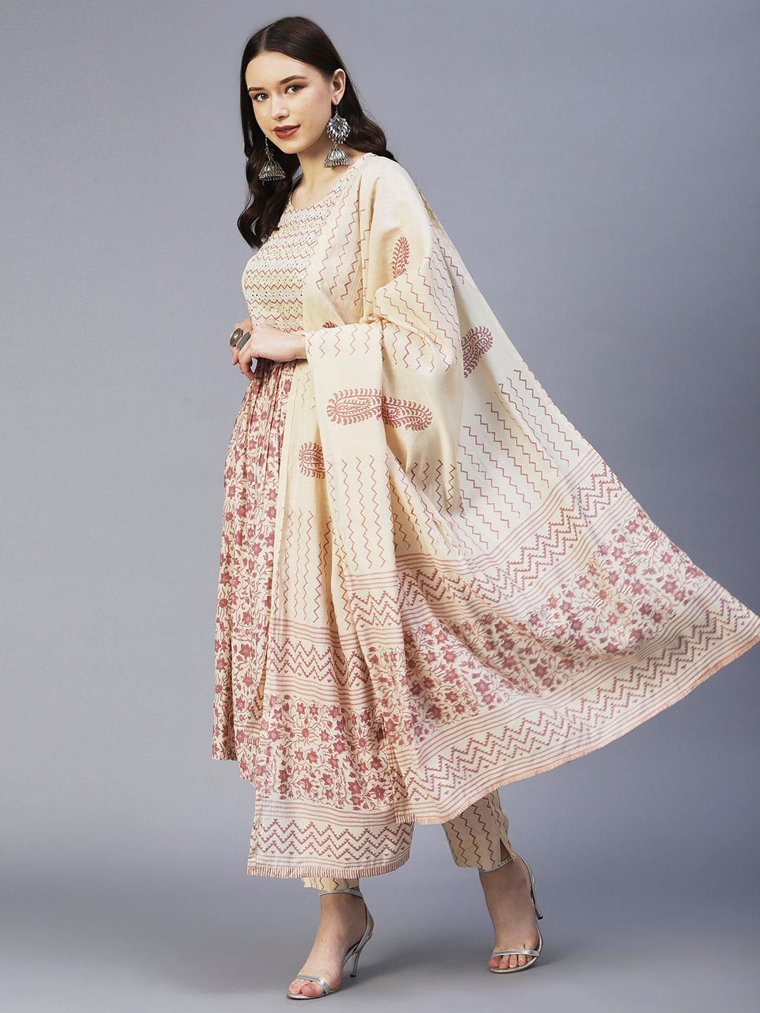 Floral Printed Mirror Embroidered High Slit Kurta With Pants & Dupatta - Cream - Indiakreations