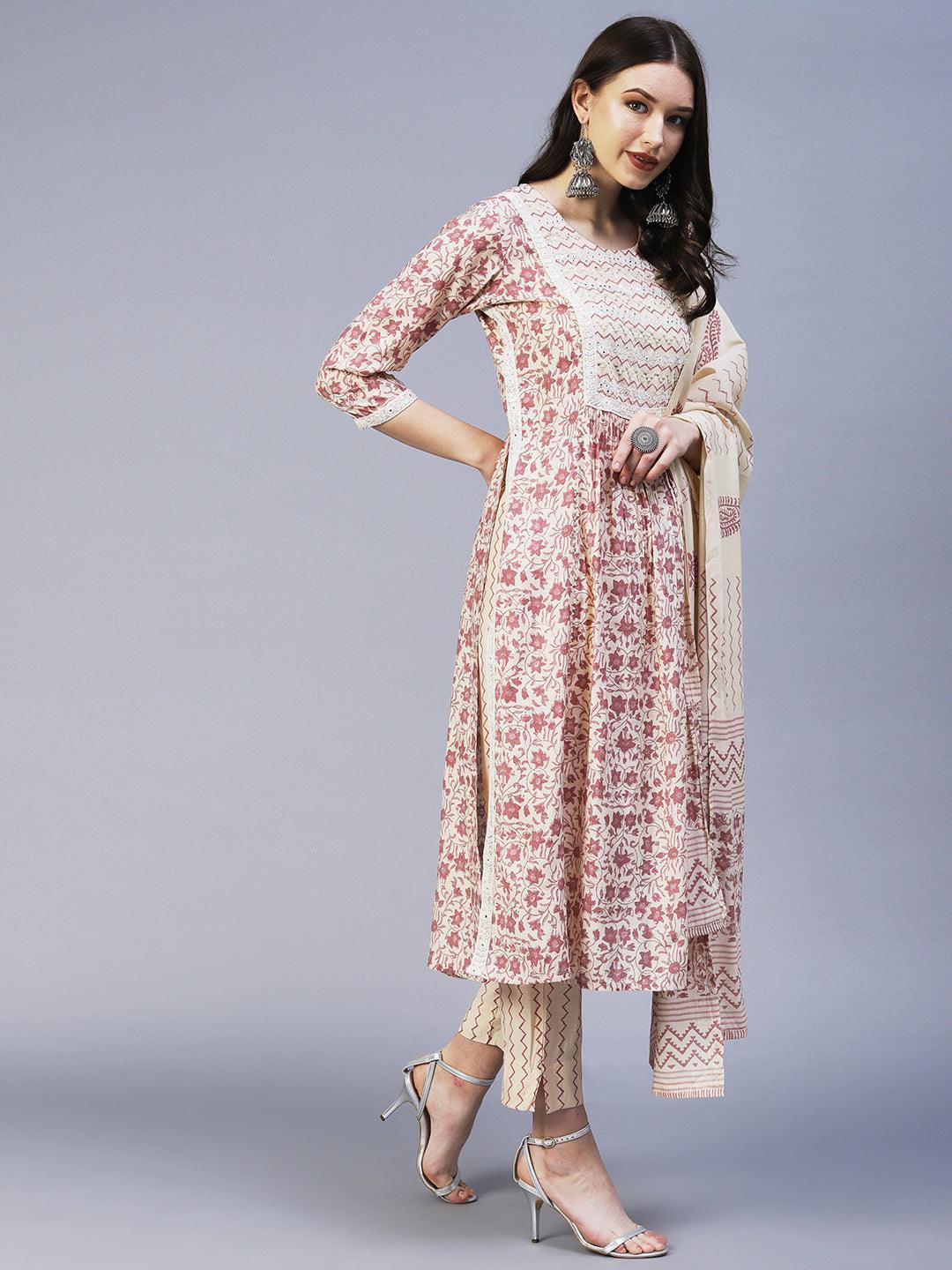 Floral Printed Mirror Embroidered High Slit Kurta With Pants & Dupatta - Cream - Indiakreations