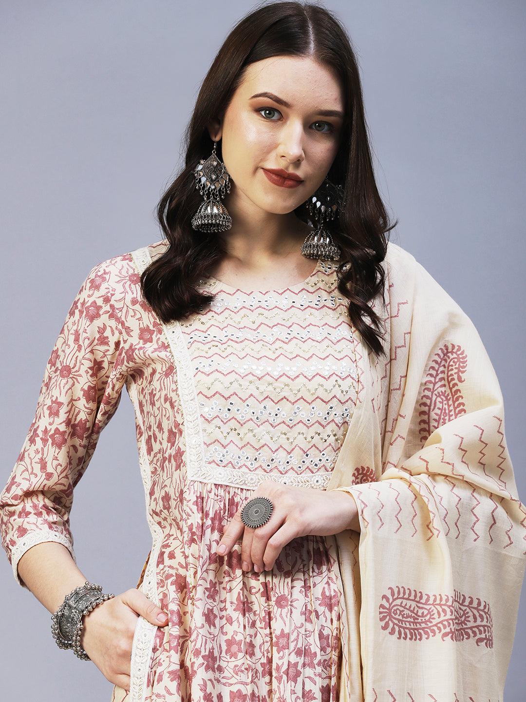 Floral Printed Mirror Embroidered High Slit Kurta With Pants & Dupatta - Cream - Indiakreations