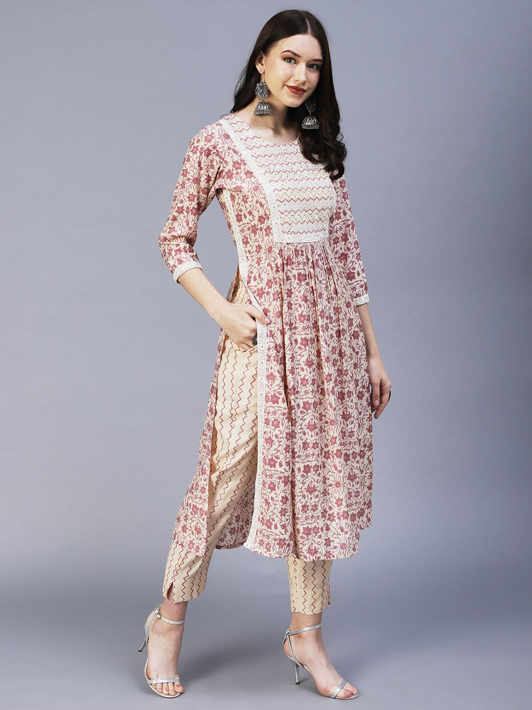 Floral Printed Mirror Embroidered High Slit Kurta With Pants & Dupatta - Cream - Indiakreations