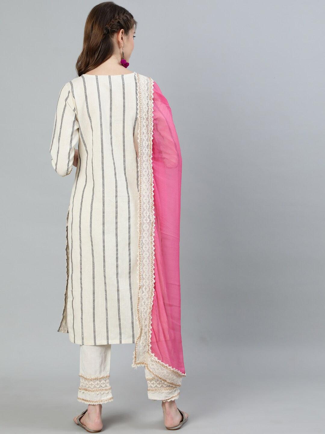 Women's Off Whte Embroidered A-Line Kurta With Trouser & Dupatta - Ishin - Indiakreations