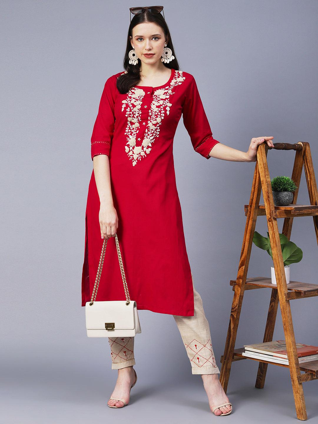 Floral Hand Embroidered Straight Fit Kurta with Pant - Red - Indiakreations