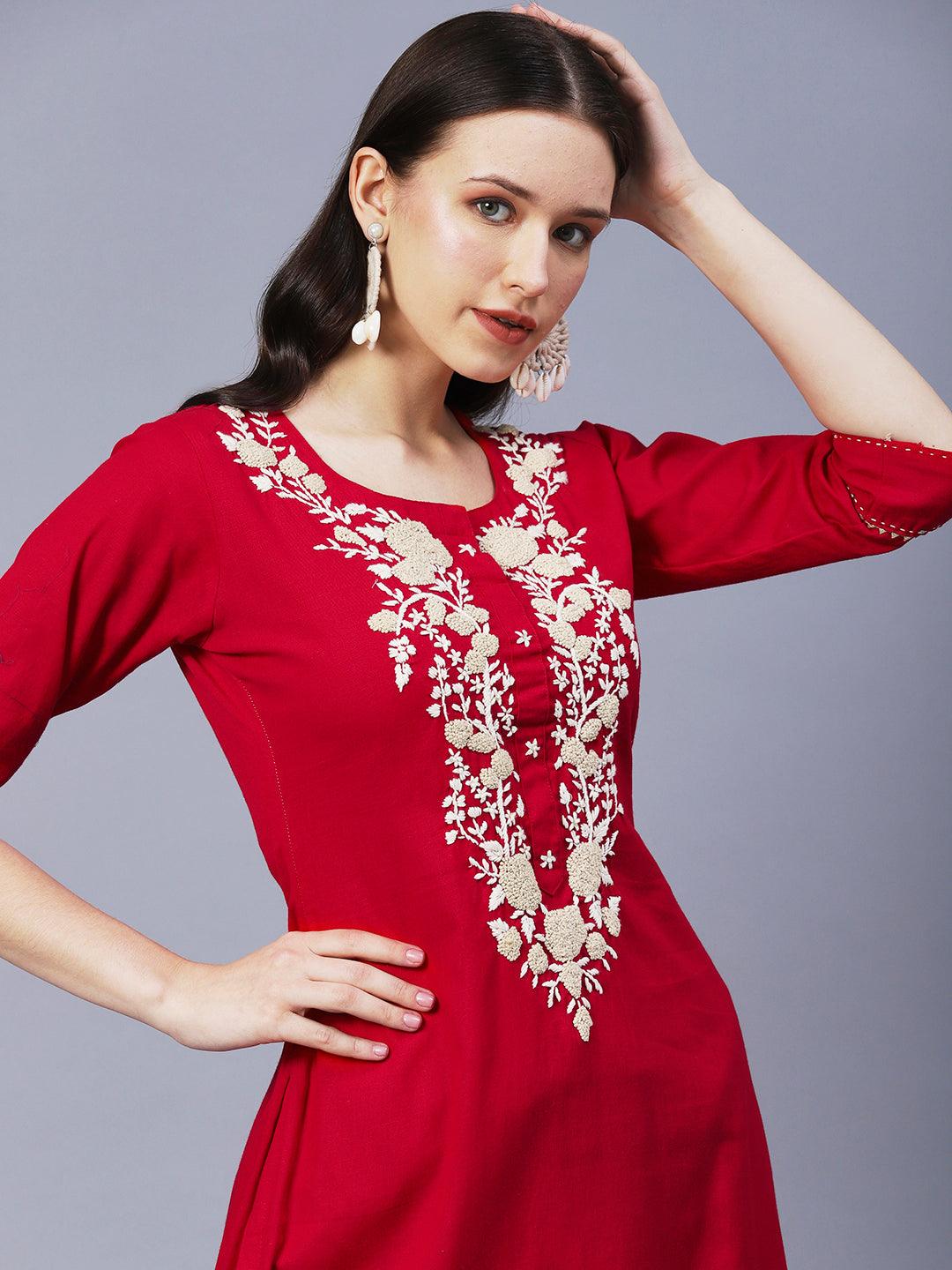 Floral Hand Embroidered Straight Fit Kurta with Pant - Red - Indiakreations