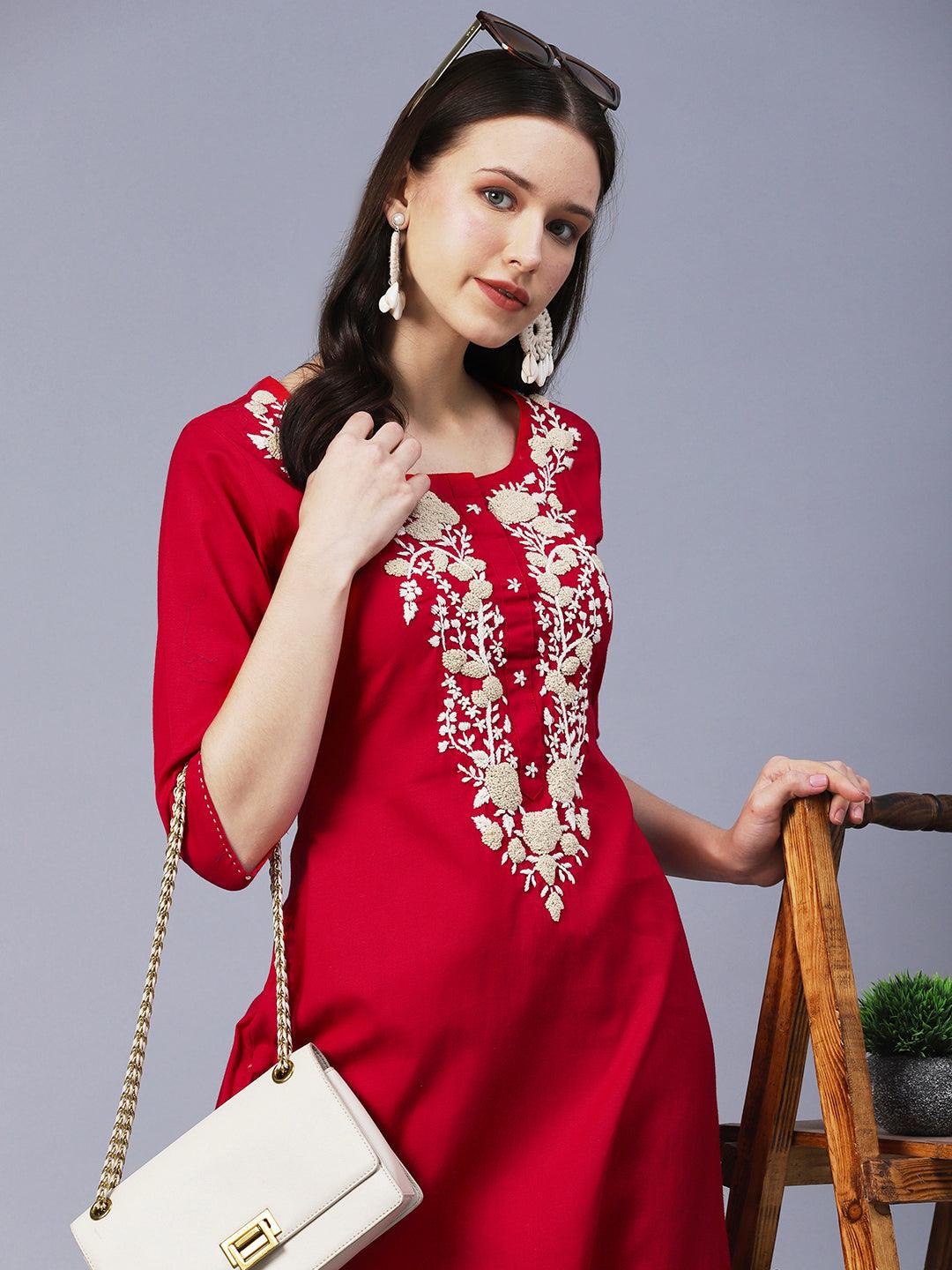 Floral Hand Embroidered Straight Fit Kurta with Pant - Red - Indiakreations