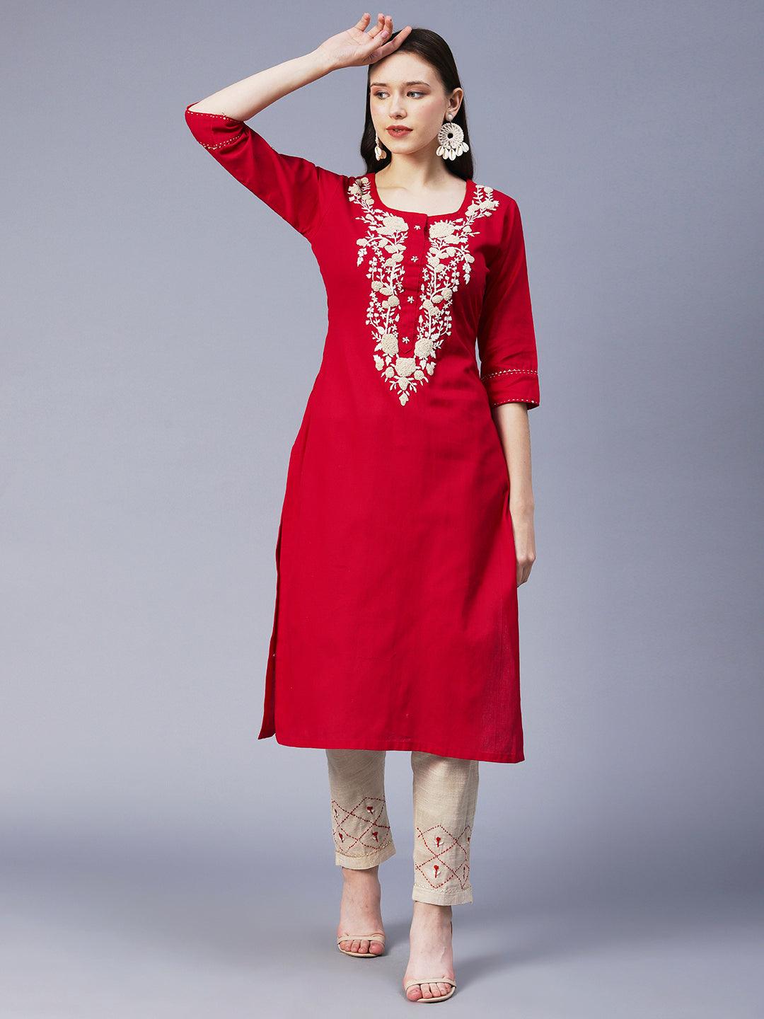 Floral Hand Embroidered Straight Fit Kurta with Pant - Red - Indiakreations