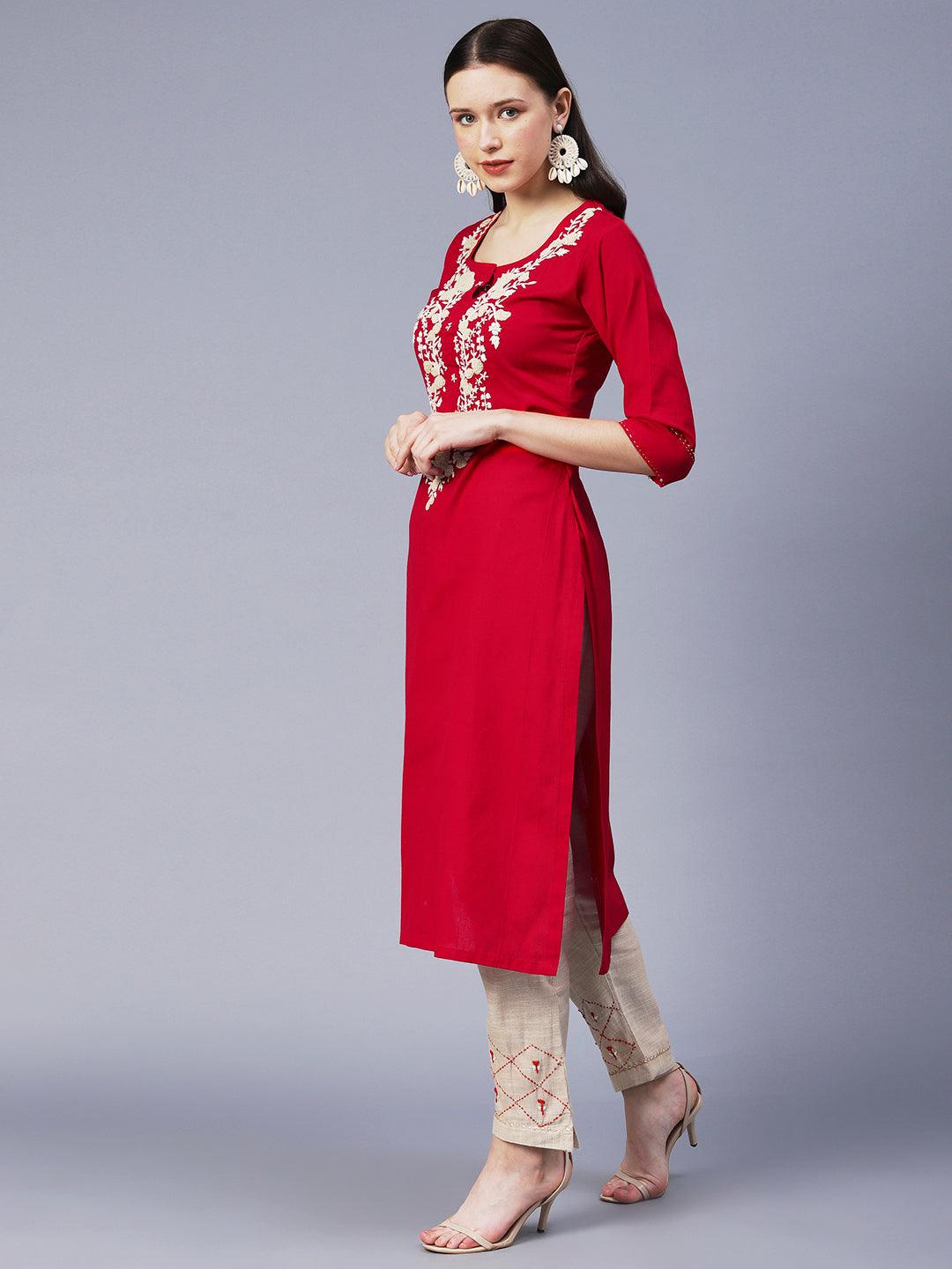 Floral Hand Embroidered Straight Fit Kurta with Pant - Red - Indiakreations