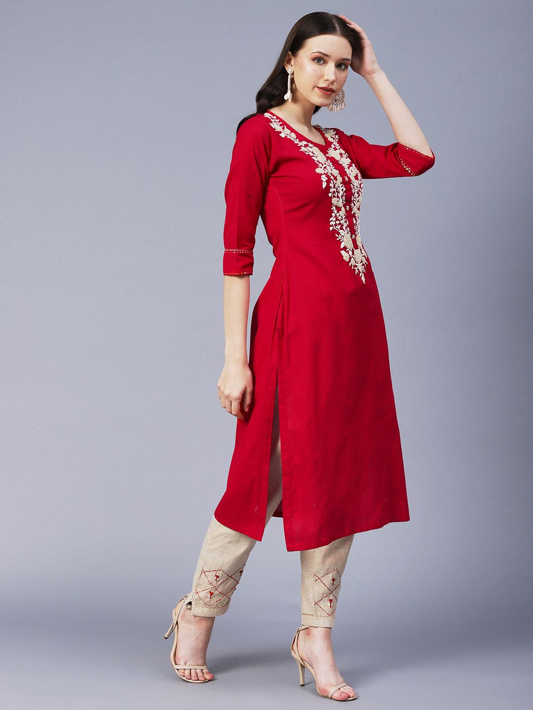 Floral Hand Embroidered Straight Fit Kurta with Pant - Red - Indiakreations