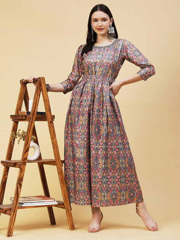 Geometric Printed Mirror Embroidered Jumpsuit With Belt - Grey & Multi - Indiakreations