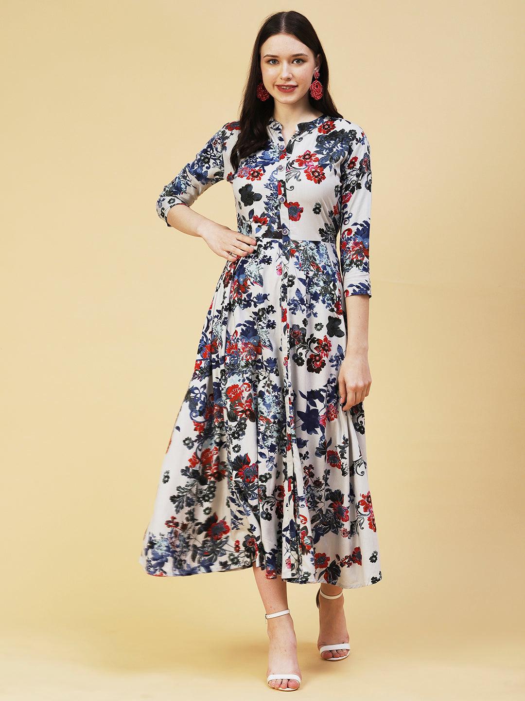 Floral Printed Paneled Maxi Dress - Grey - Indiakreations