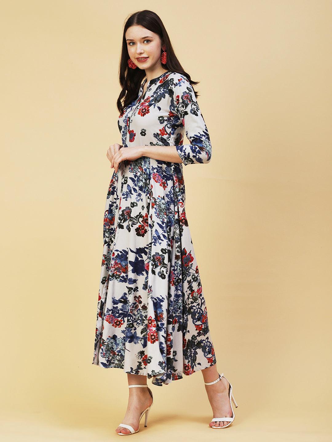 Floral Printed Paneled Maxi Dress - Grey - Indiakreations