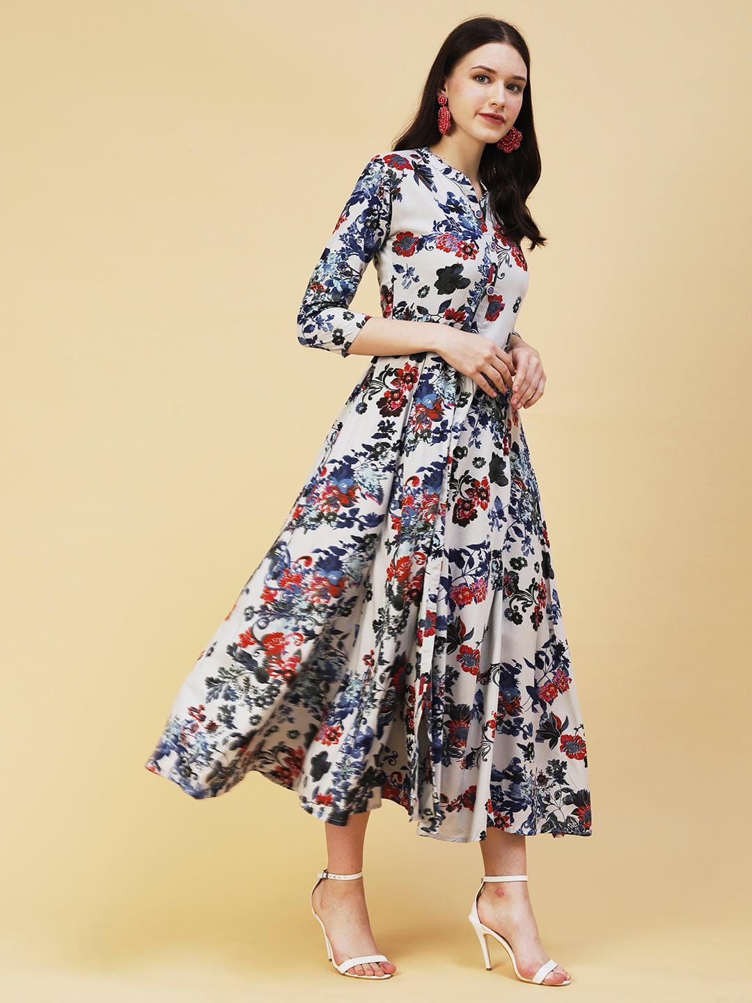 Floral Printed Paneled Maxi Dress - Grey - Indiakreations