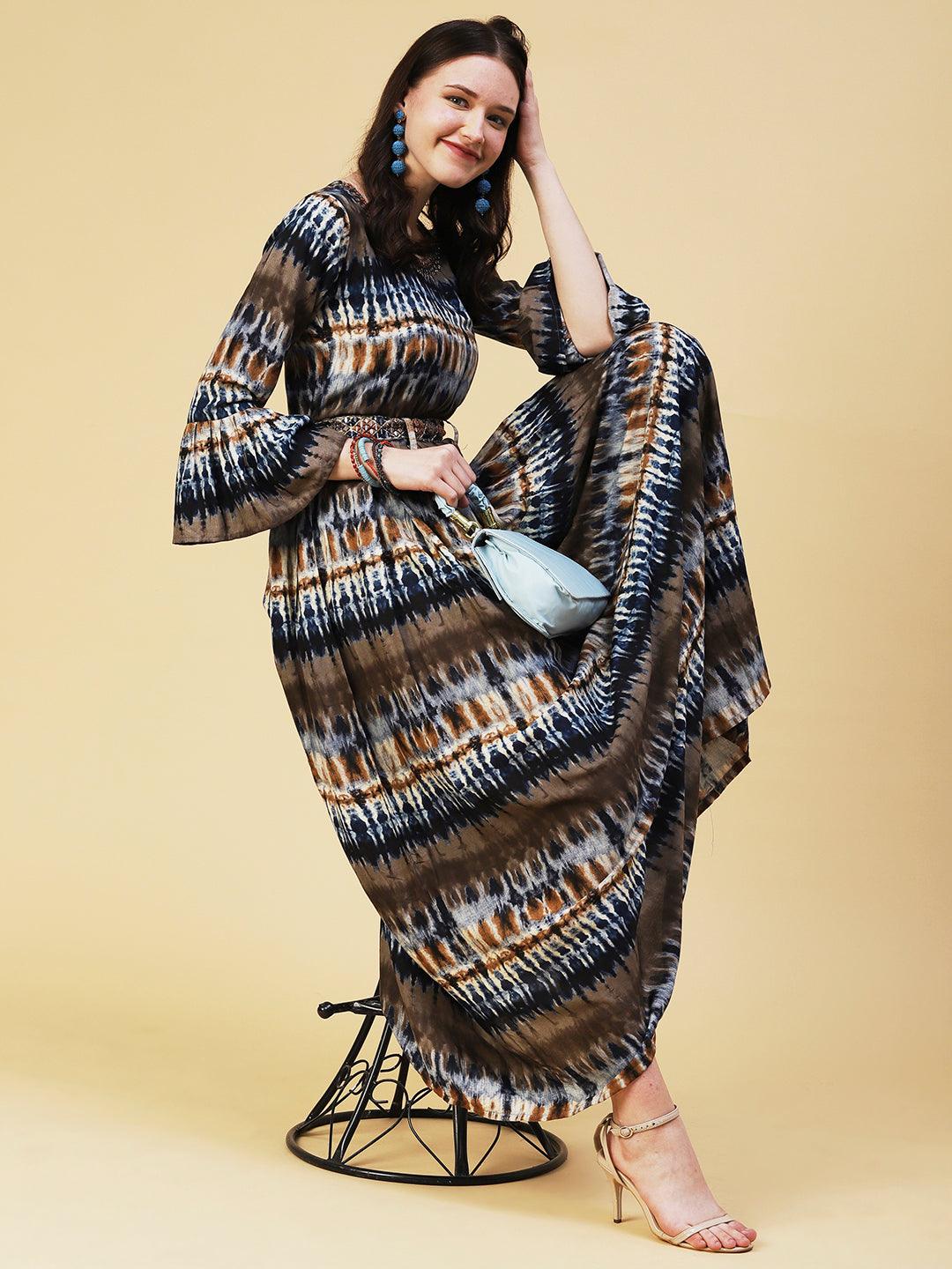 Abstract Printed Pleated Maxi Dress With Mirror Embroidered Belt - Blue & Brown - Indiakreations