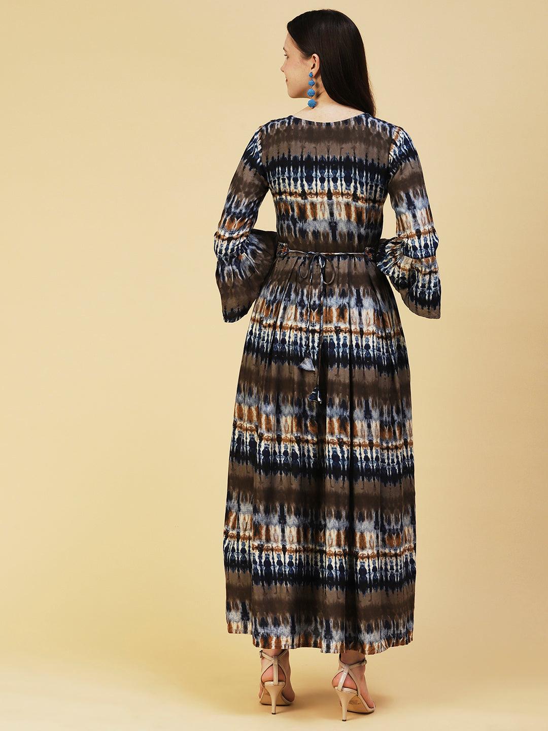 Abstract Printed Pleated Maxi Dress With Mirror Embroidered Belt - Blue & Brown - Indiakreations