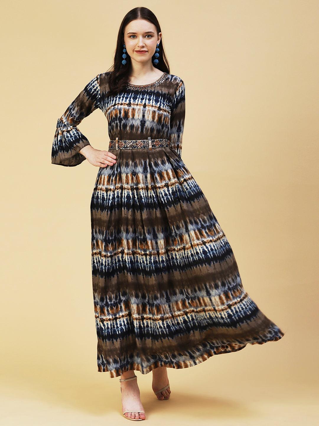 Abstract Printed Pleated Maxi Dress With Mirror Embroidered Belt - Blue & Brown - Indiakreations