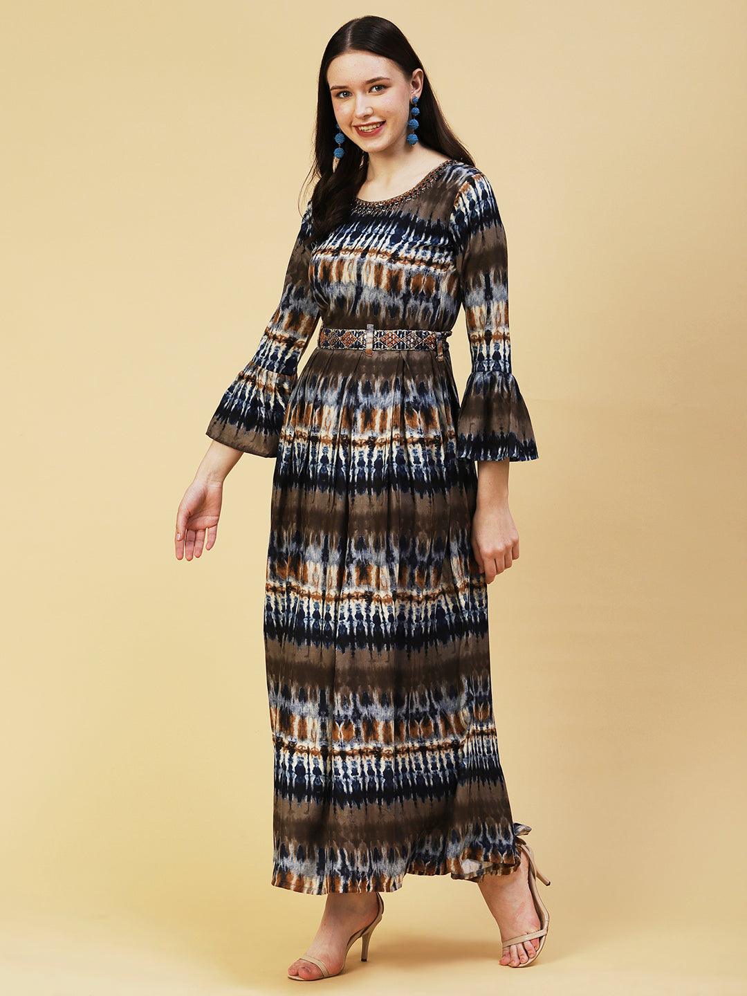 Abstract Printed Pleated Maxi Dress With Mirror Embroidered Belt - Blue & Brown - Indiakreations