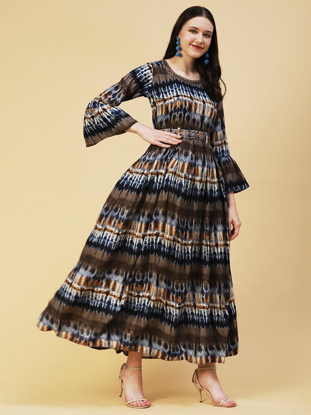 Abstract Printed Pleated Maxi Dress With Mirror Embroidered Belt - Blue & Brown - Indiakreations