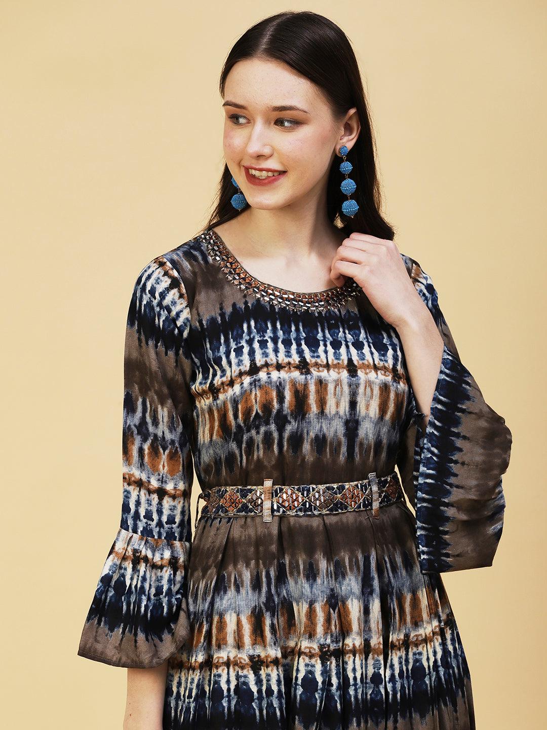 Abstract Printed Pleated Maxi Dress With Mirror Embroidered Belt - Blue & Brown - Indiakreations