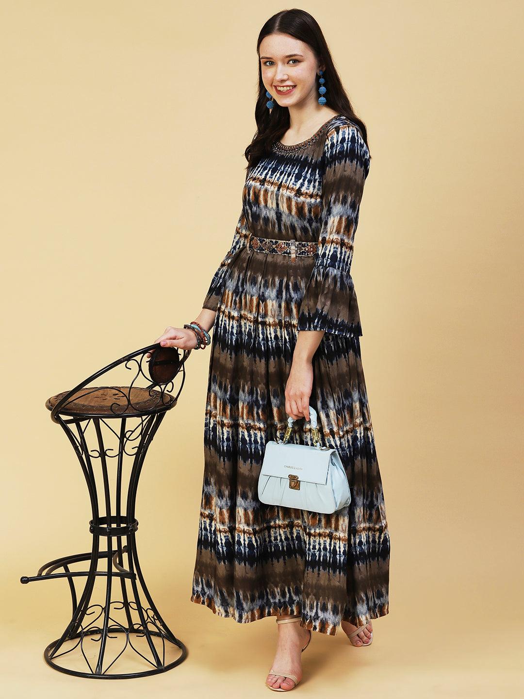 Abstract Printed Pleated Maxi Dress With Mirror Embroidered Belt - Blue & Brown - Indiakreations