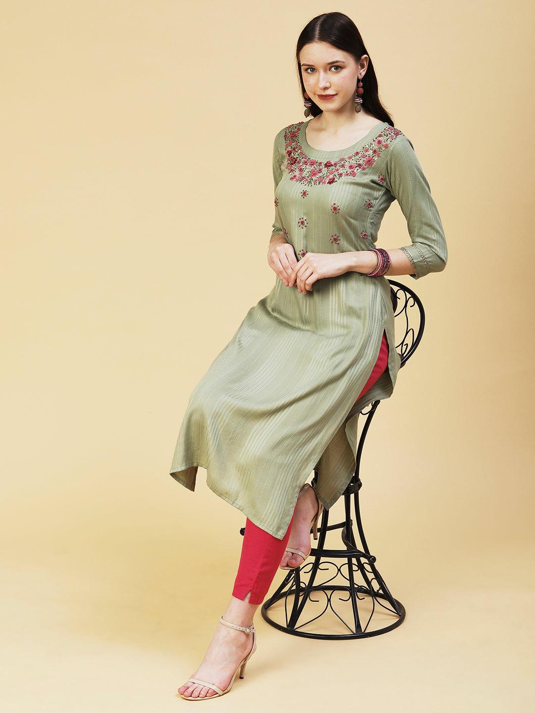 Woven Striped Resham Embroidered Kurta - Olive - Indiakreations