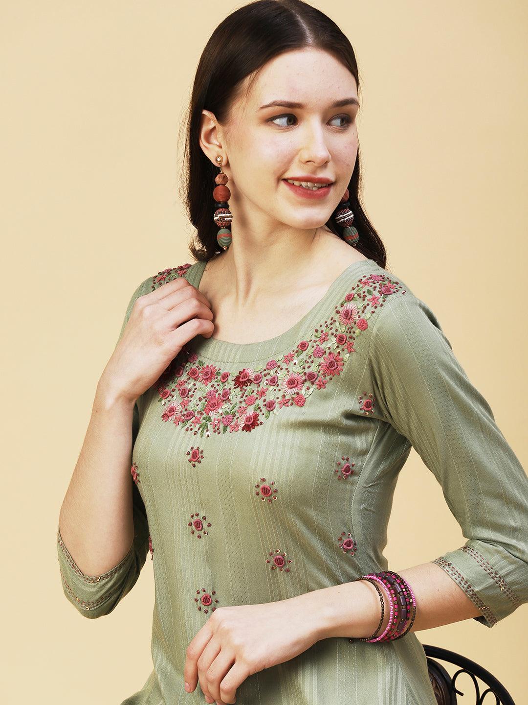 Woven Striped Resham Embroidered Kurta - Olive - Indiakreations