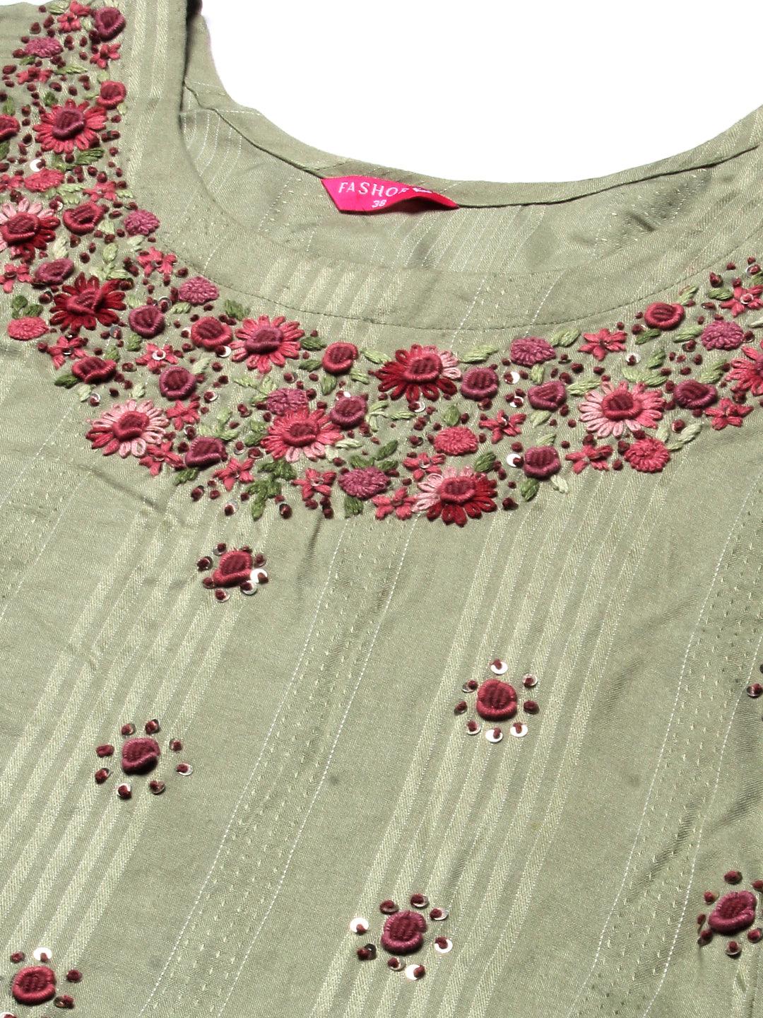 Woven Striped Resham Embroidered Kurta - Olive - Indiakreations