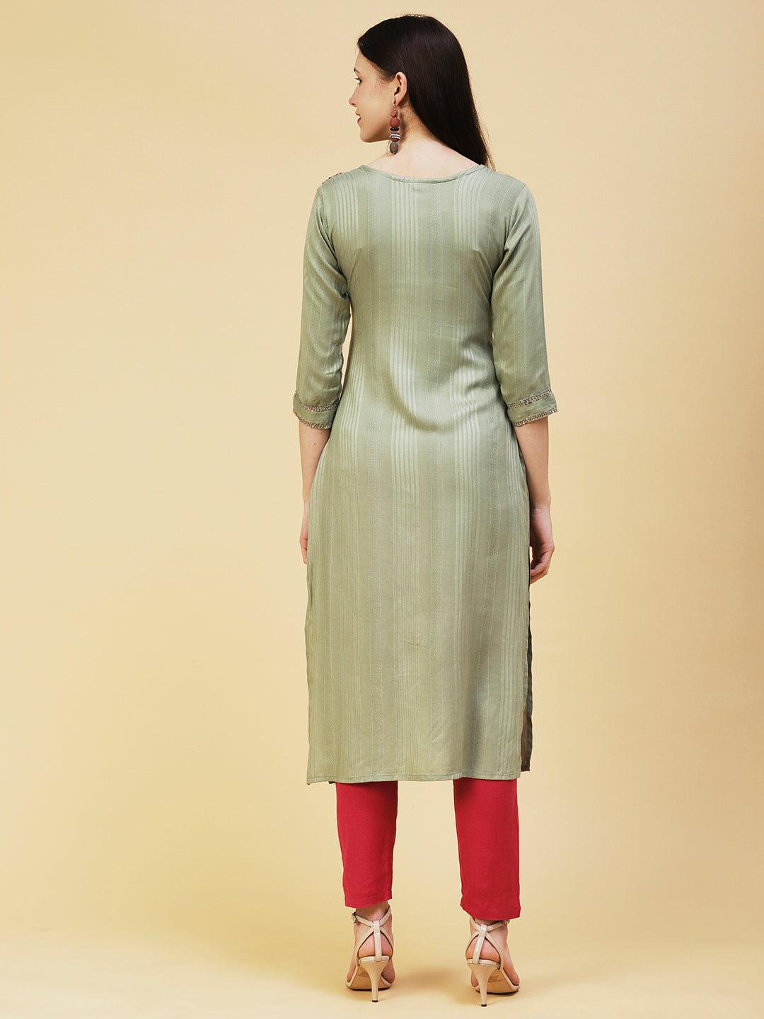 Woven Striped Resham Embroidered Kurta - Olive - Indiakreations