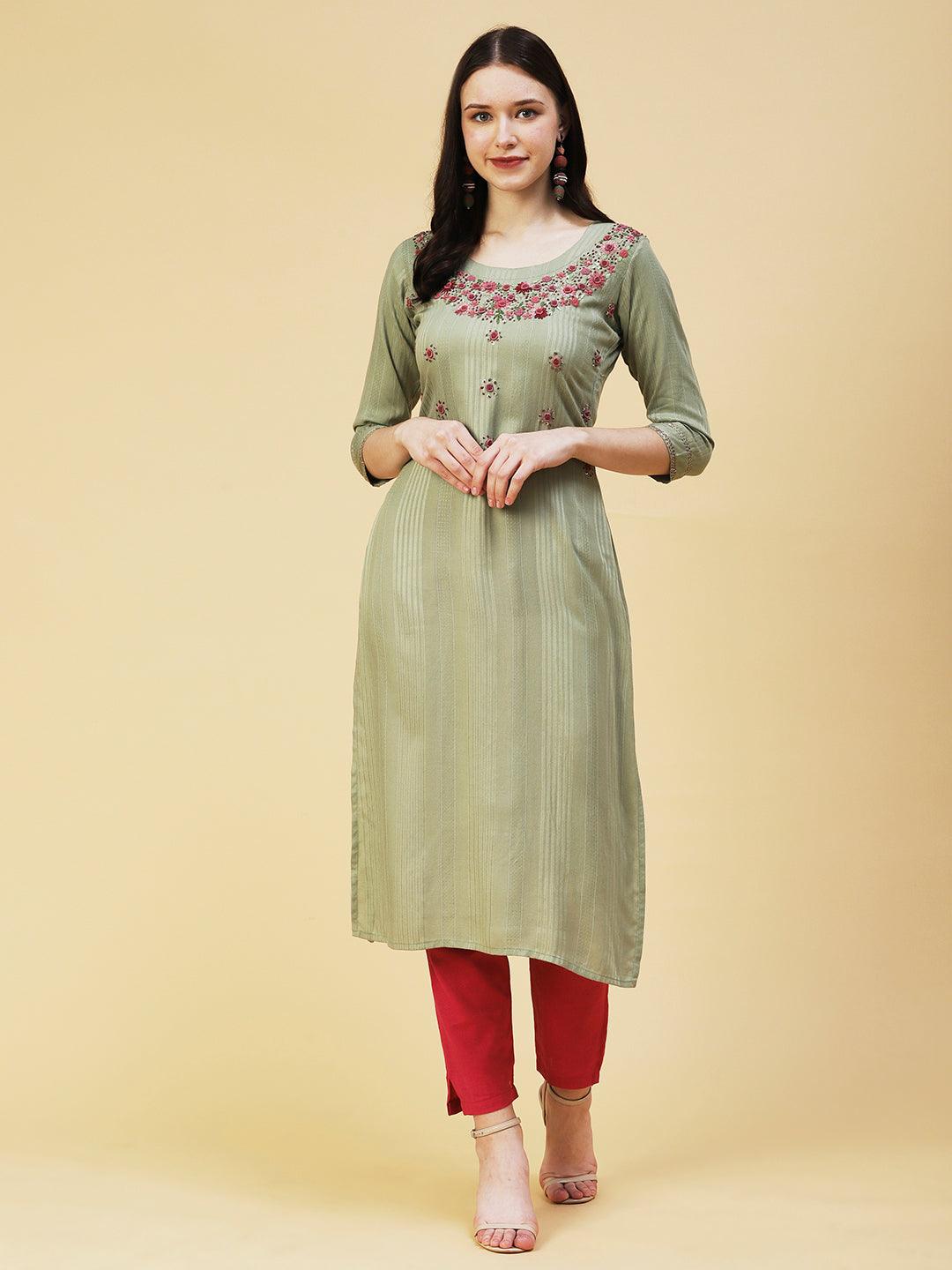 Woven Striped Resham Embroidered Kurta - Olive - Indiakreations