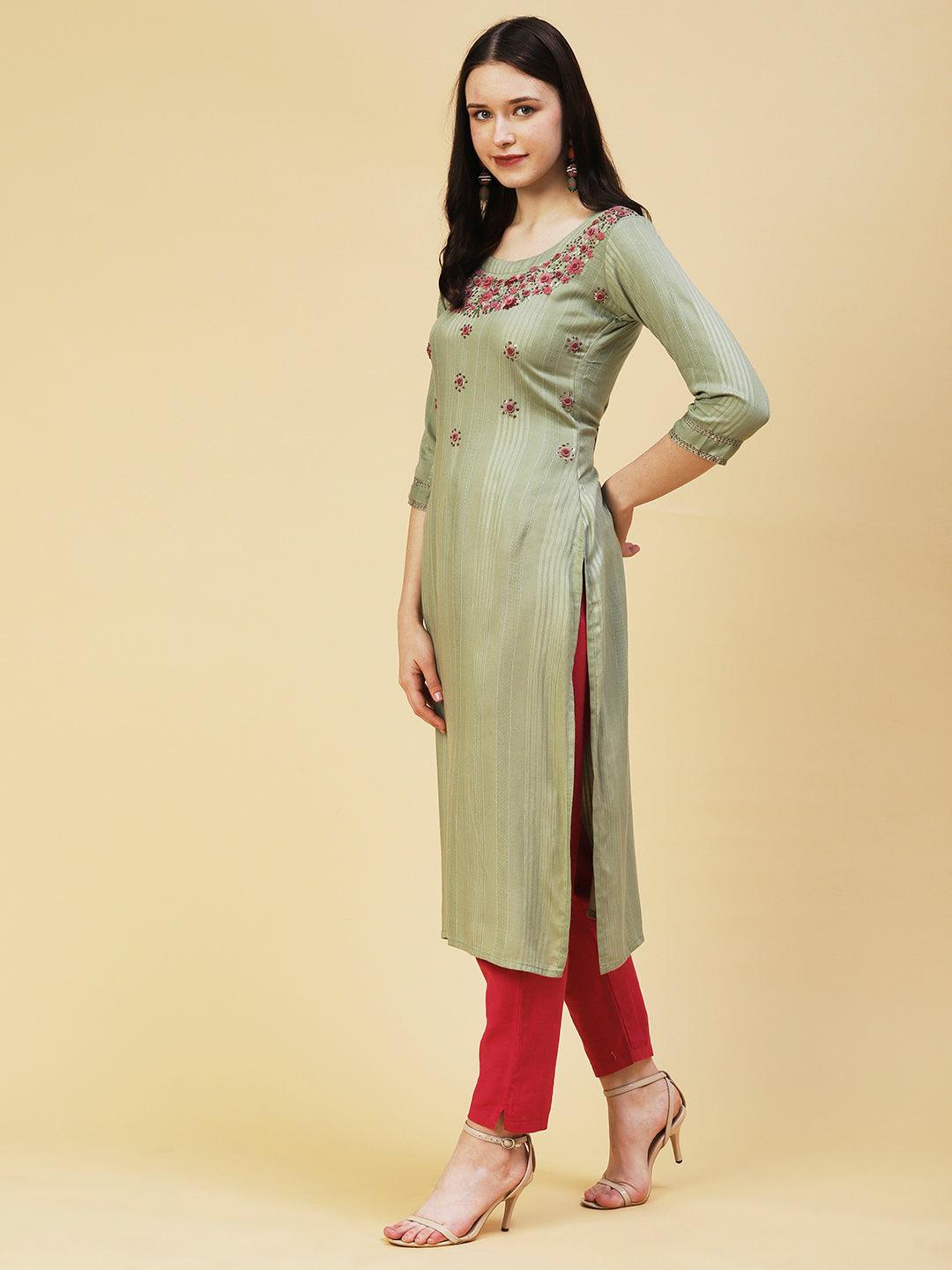 Woven Striped Resham Embroidered Kurta - Olive - Indiakreations