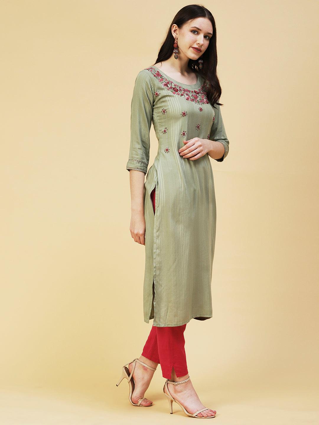 Woven Striped Resham Embroidered Kurta - Olive - Indiakreations