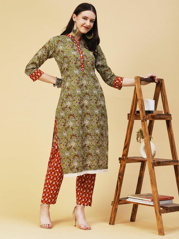 Floral Printed Hand Embroidered Kurta With Abstract printed Pants - Olive - Indiakreations