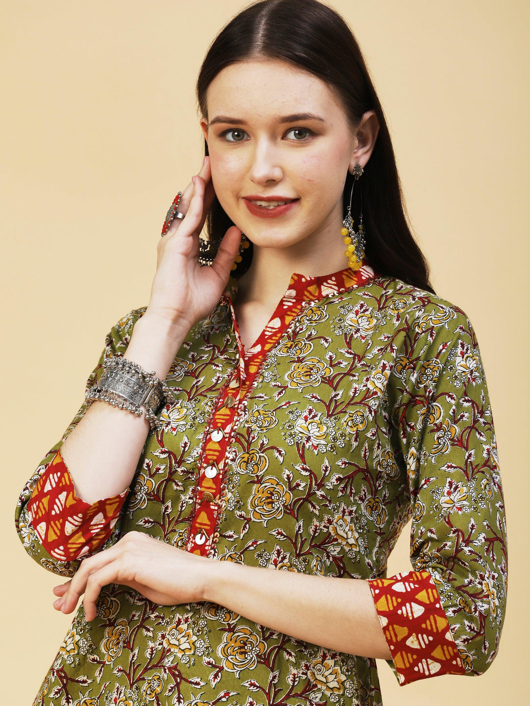 Floral Printed Hand Embroidered Kurta With Abstract printed Pants - Olive - Indiakreations