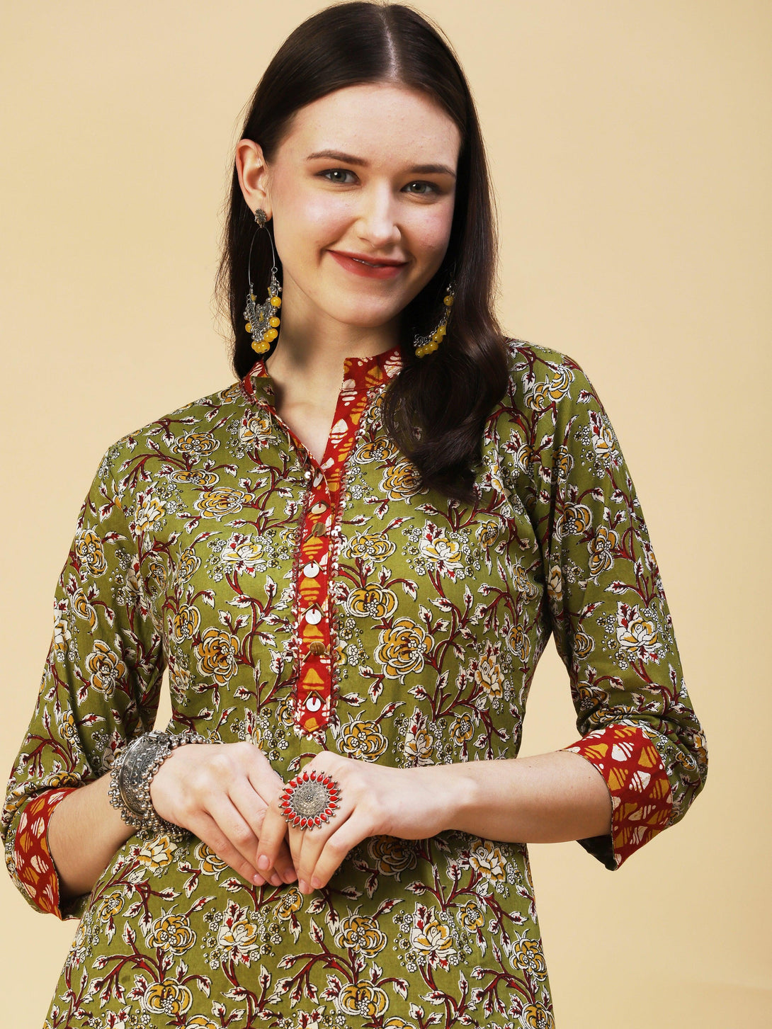 Floral Printed Hand Embroidered Kurta With Abstract printed Pants - Olive - Indiakreations