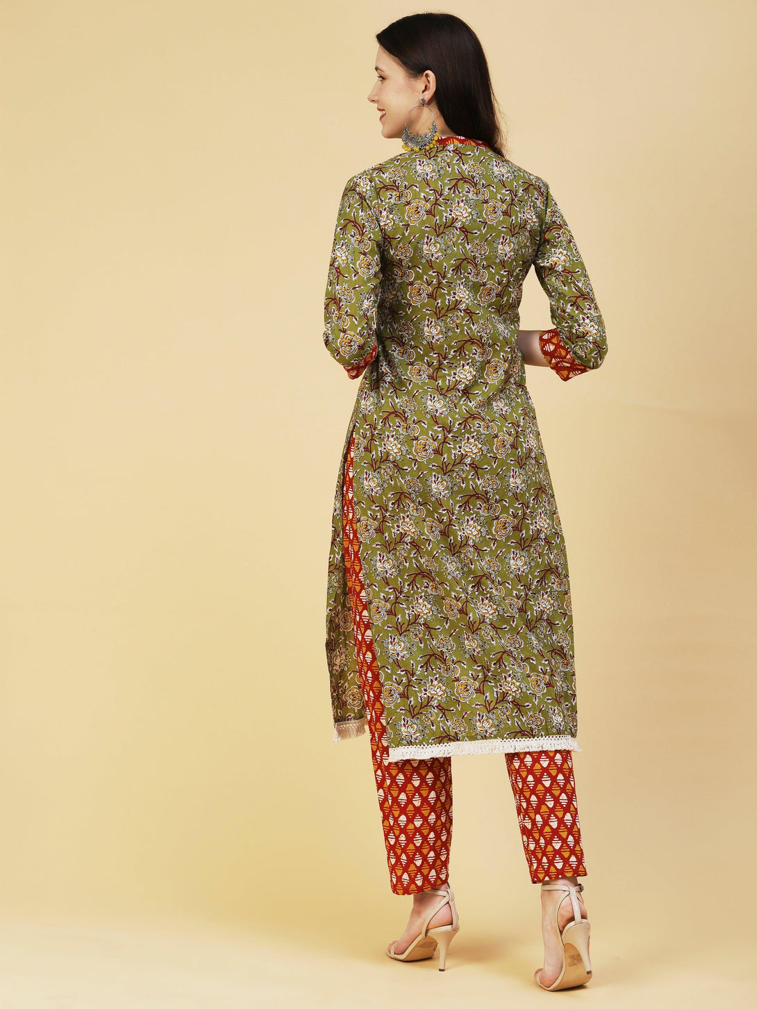 Floral Printed Hand Embroidered Kurta With Abstract printed Pants - Olive - Indiakreations