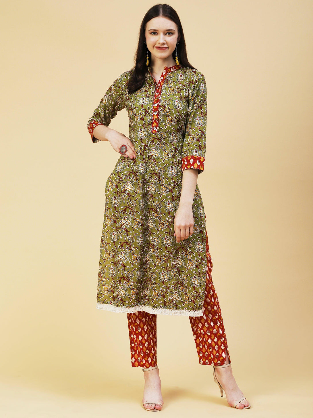 Floral Printed Hand Embroidered Kurta With Abstract printed Pants - Olive - Indiakreations