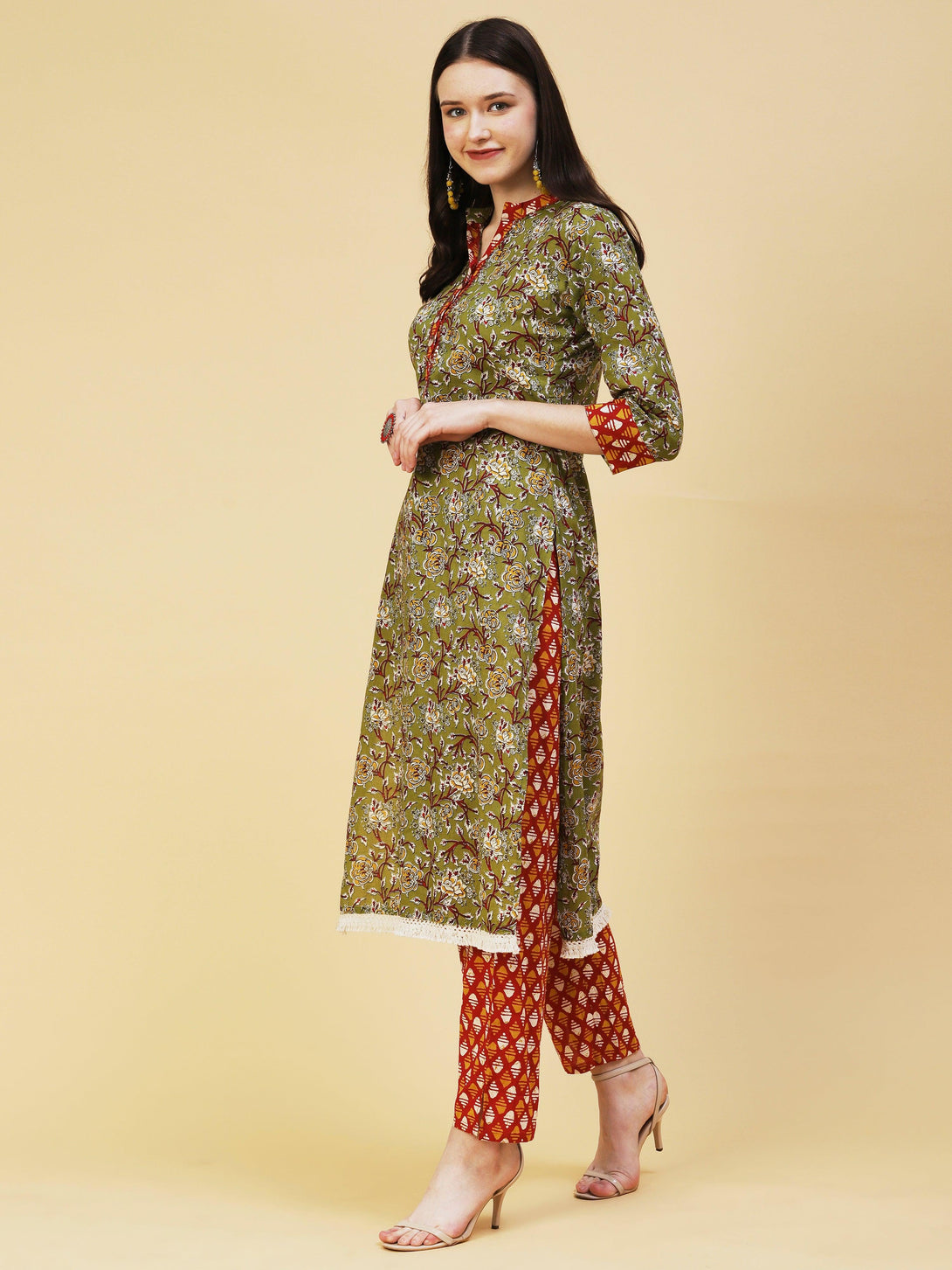 Floral Printed Hand Embroidered Kurta With Abstract printed Pants - Olive - Indiakreations