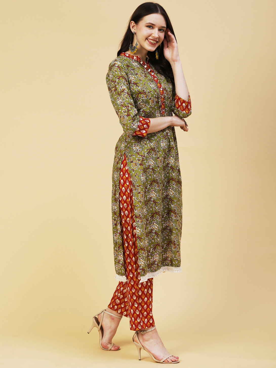 Floral Printed Hand Embroidered Kurta With Abstract printed Pants - Olive - Indiakreations