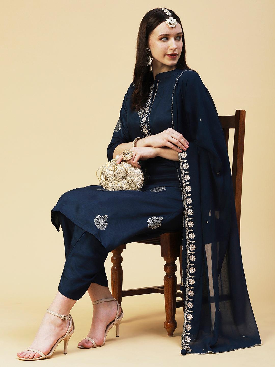 Zari Jacquard Zardozi Embroidered Kurta With Pants & Gotapatti Embroidered Dupatta - Blue - Indiakreations