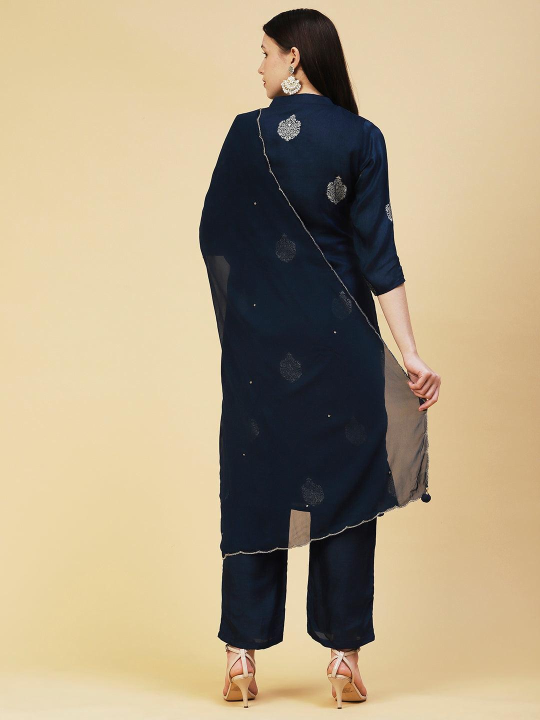 Zari Jacquard Zardozi Embroidered Kurta With Pants & Gotapatti Embroidered Dupatta - Blue - Indiakreations