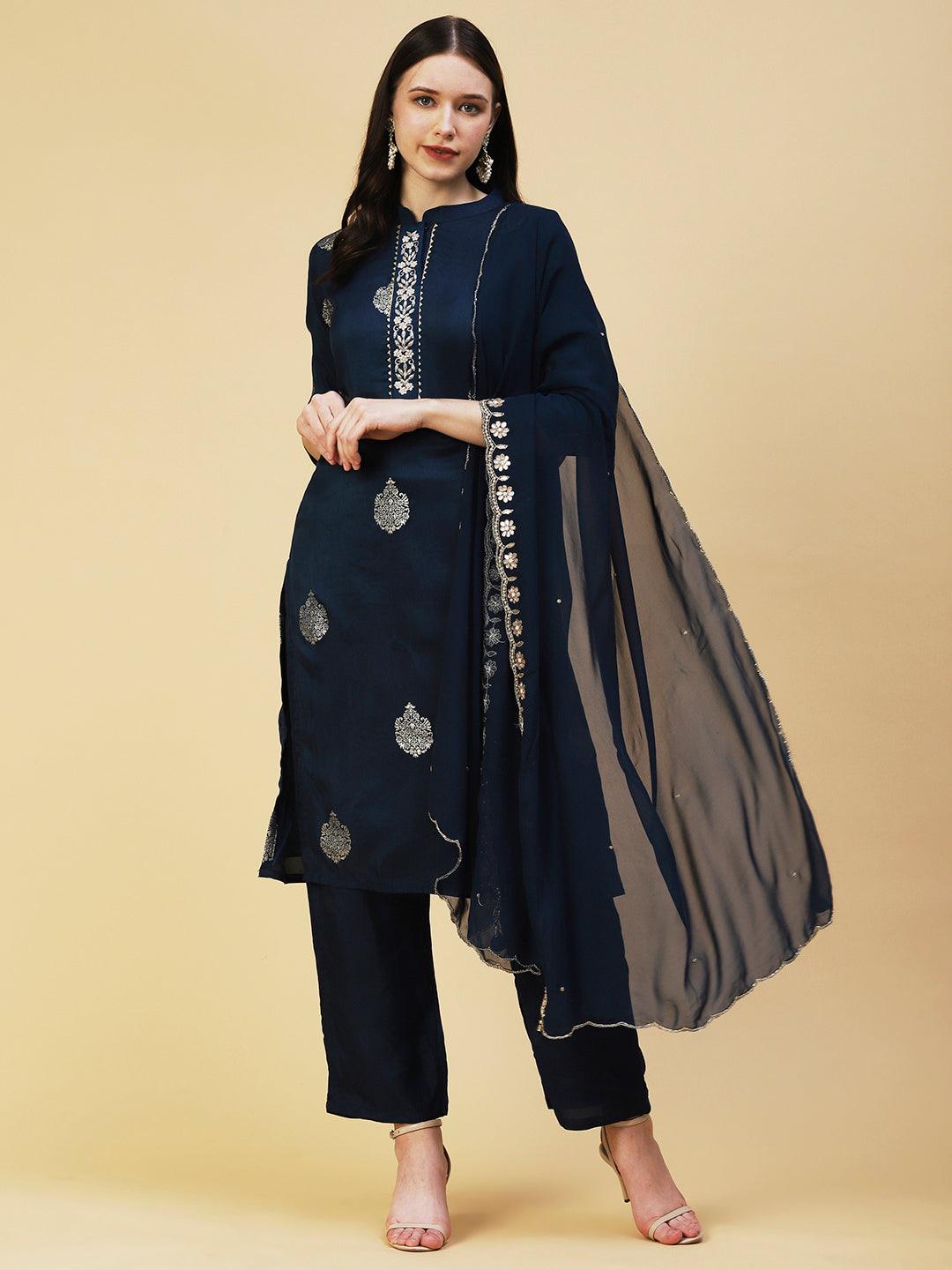 Zari Jacquard Zardozi Embroidered Kurta With Pants & Gotapatti Embroidered Dupatta - Blue - Indiakreations