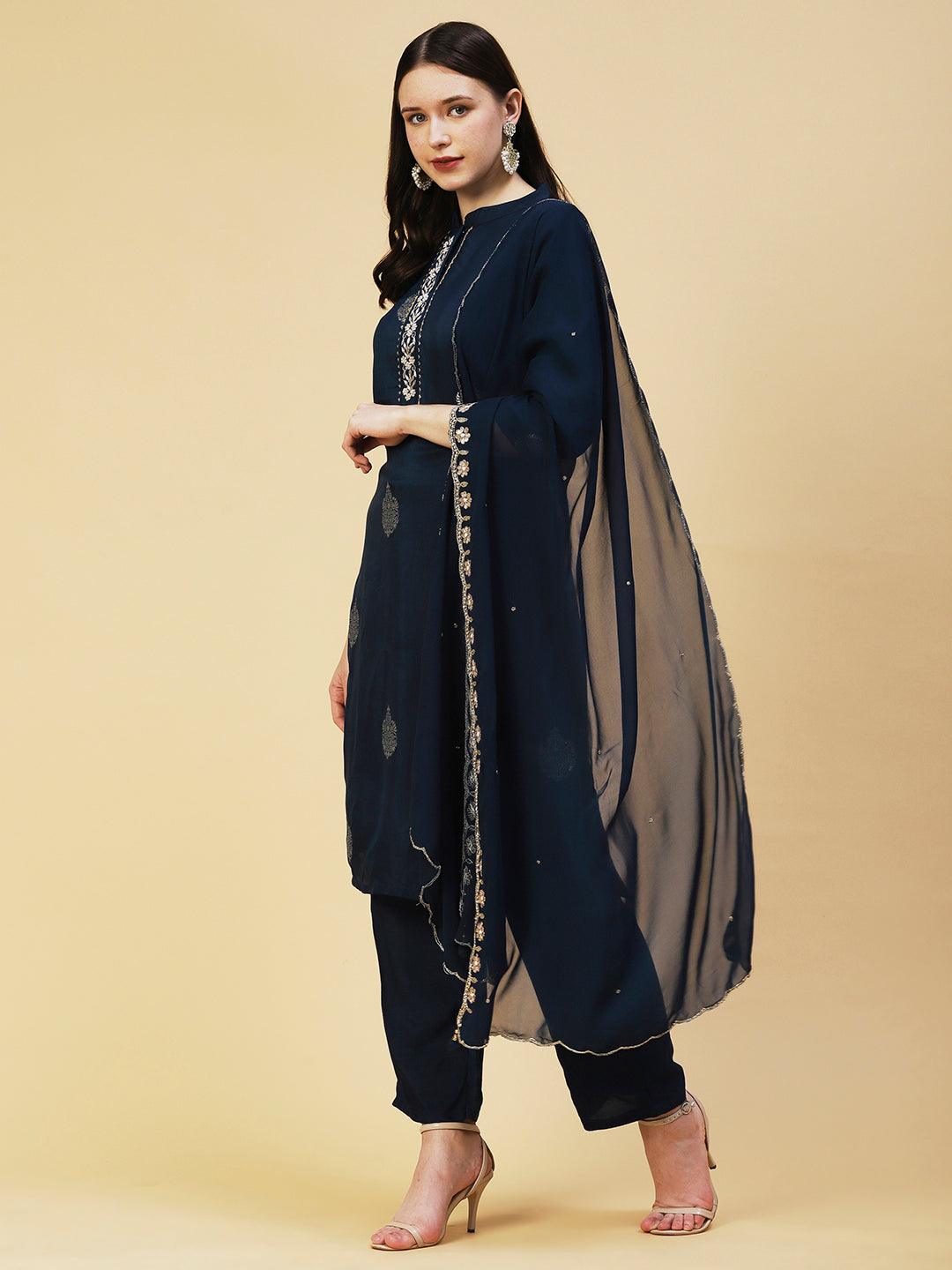 Zari Jacquard Zardozi Embroidered Kurta With Pants & Gotapatti Embroidered Dupatta - Blue - Indiakreations