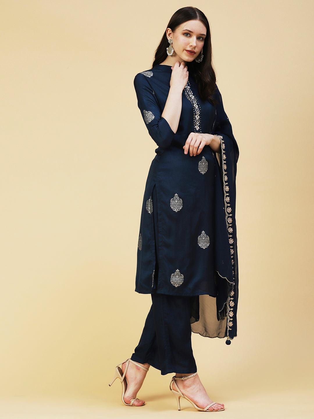 Zari Jacquard Zardozi Embroidered Kurta With Pants & Gotapatti Embroidered Dupatta - Blue - Indiakreations