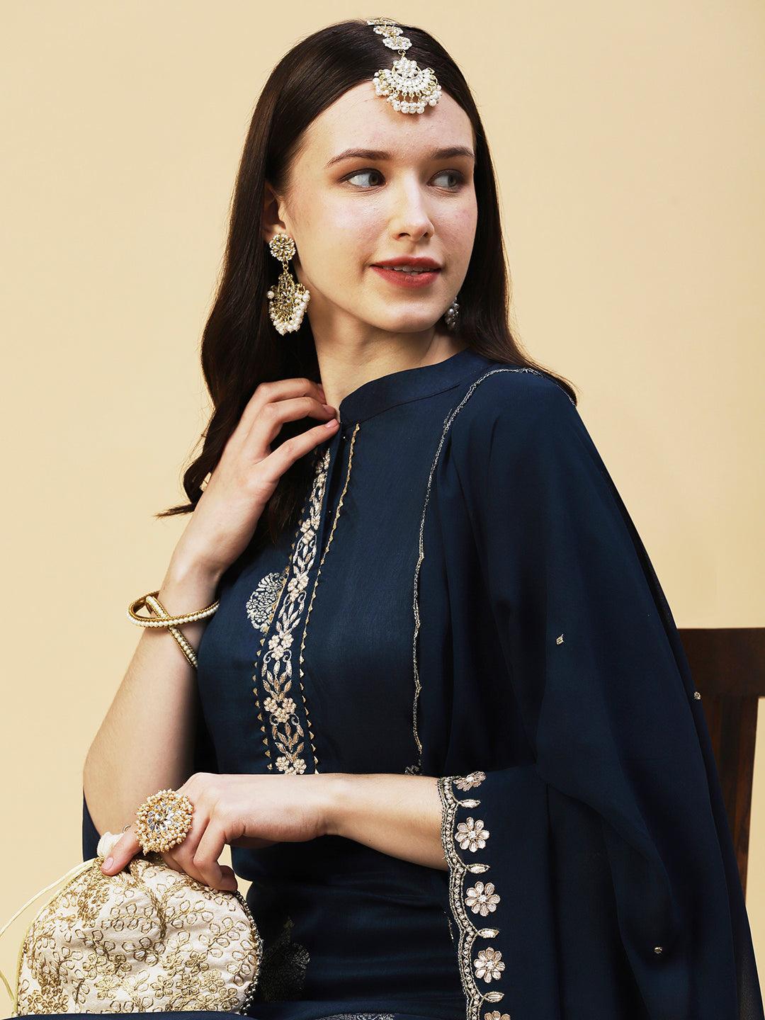 Zari Jacquard Zardozi Embroidered Kurta With Pants & Gotapatti Embroidered Dupatta - Blue - Indiakreations